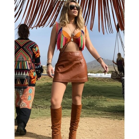 Hugo Buscati100% Leather Antique 70s Style Brown A-Line Wrap Mini Skirt Size 6 - Picture 12 of 16